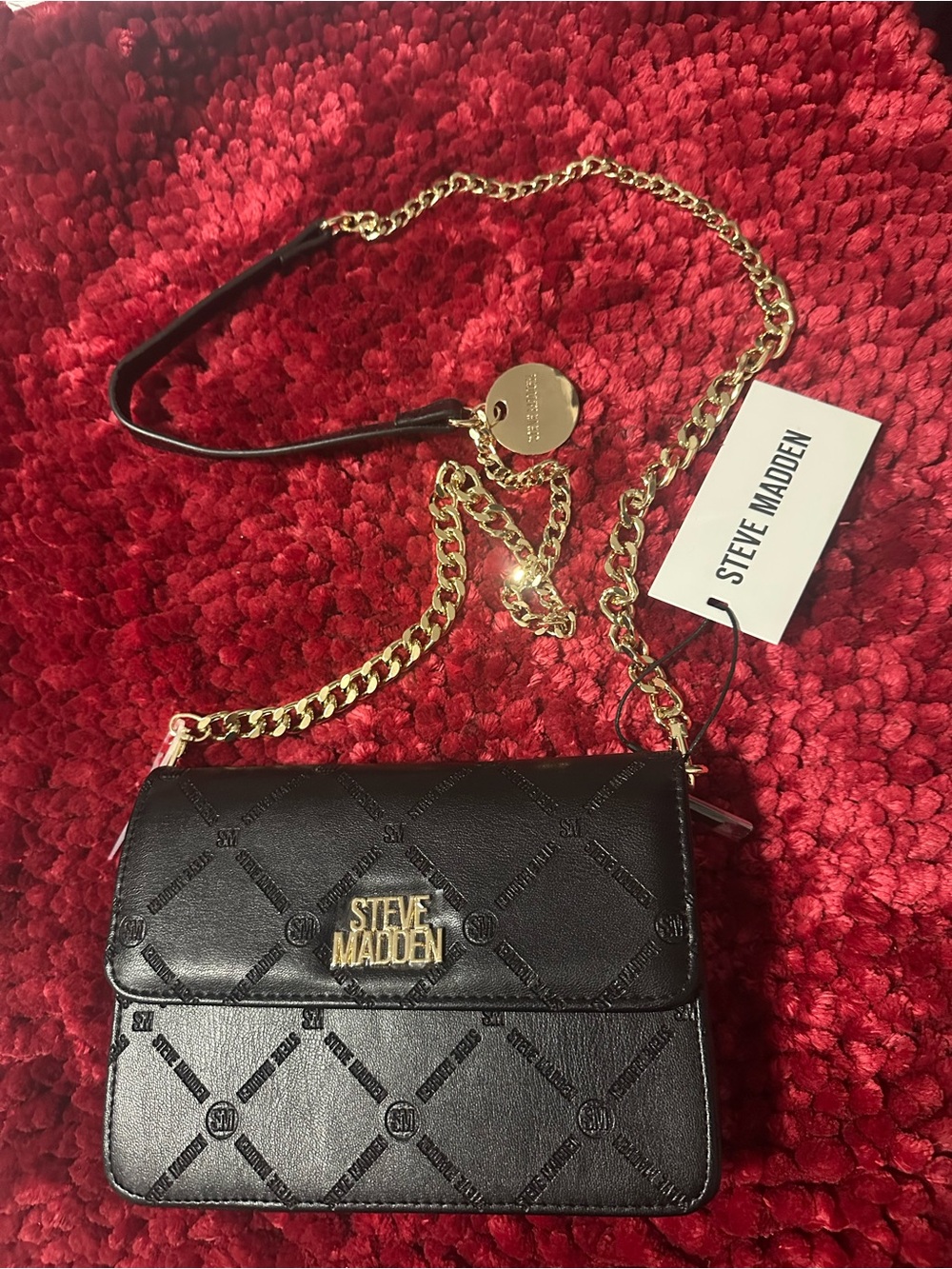 Steve Madden Black Quilted Crossbody with Gold Chain and Logo